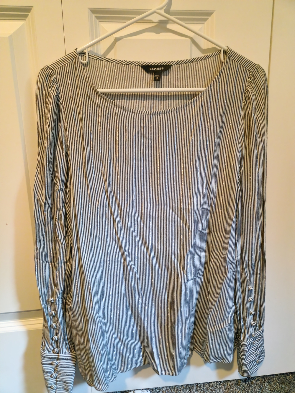 Express Women's Silver & White Stripe Long Sleeve Blouse